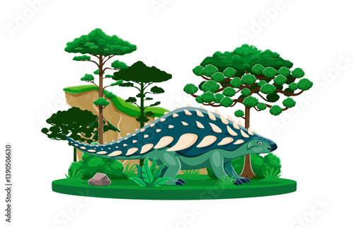 Dinosaur, cartoon prehistoric lizard of Nodosaurus species, vector dino animal. Nodosaurus dinosaur or reptile lizard of Cretaceous era with spine spikes in jungle forest for kids paleontology atlas