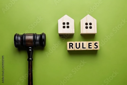 A gavel and miniature houses symbolize the rules and regulations governing property ownership, a critical aspect of real estate law, on a vibrant green background.
