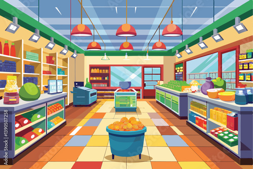 A vibrant grocery store displays a variety of fresh produce and neatly arranged shelves filled with packaged goods. The space is well-lit and inviting.