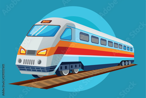 A modern, cartoon-style train travels along tracks, featuring a bright and colorful exterior