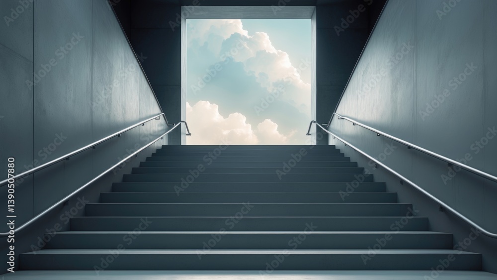 Fototapeta premium Staircase with ladder handrail design, perspective view of an empty staircase featuring structural concrete. Detailed entrance and exit stair.