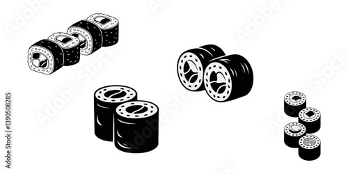 Sushi piece roll set. Asian seafood group. Black silhouette. Vector isolated on white, Sushi Roll Icons Set. Editable vector icon. Perfect for web and app interfaces, presentations, infographics, etc.