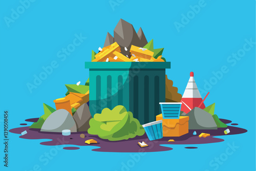 The overflowing trash can is surrounded by piles of waste, including discarded containers, litter, and rocks, creating an unkempt urban environment.