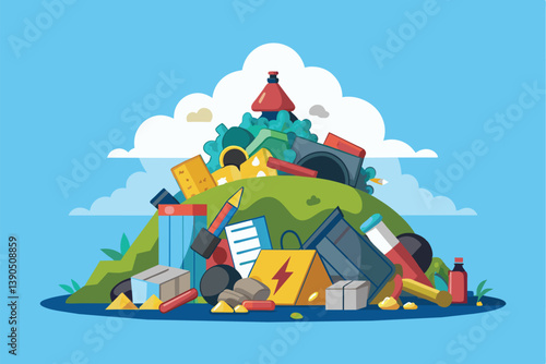A large mound of assorted litter, including plastics, batteries, and paper, is depicted against a vibrant blue sky, highlighting urgent environmental issues faced today.
