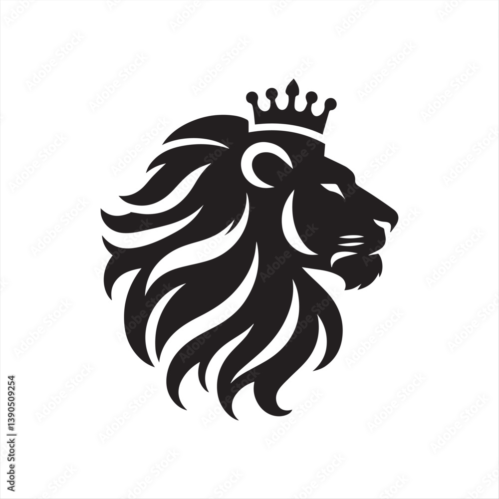 Fototapeta premium Front-Facing Roaring Lion Emblem with Crown and Shield in Monochrome Vector Design