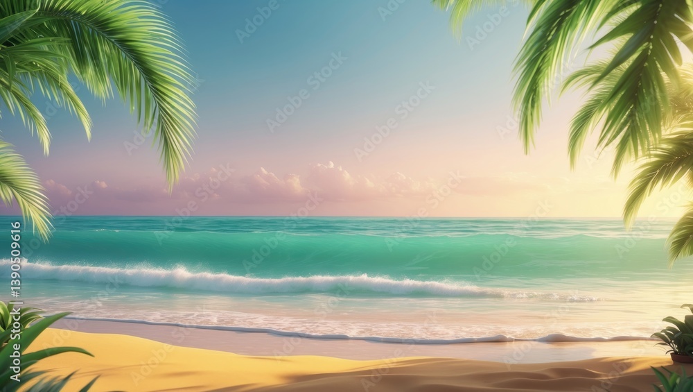Fototapeta premium Summer Banner - Bright Sand with Palm Leaves at the Beach