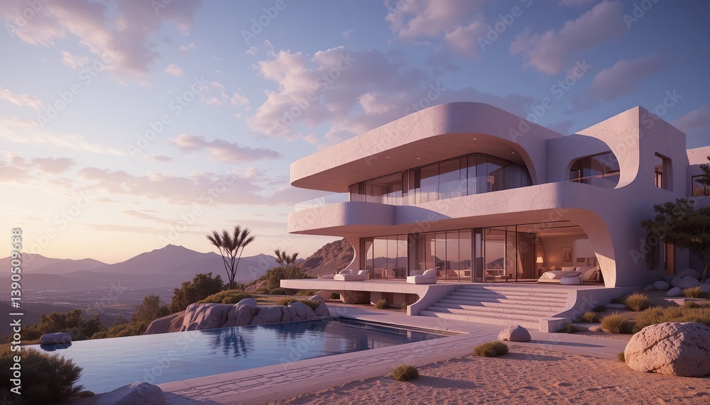 Fototapeta premium A modern architectural marvel with a stunning infinity pool overlooking a picturesque mountain landscape at sunset. Contemporary design.