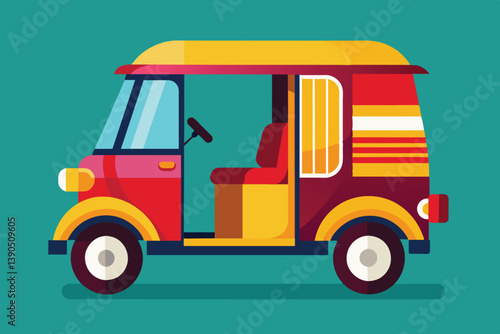 A brightly colored rickshaw is parked against a vibrant backdrop, highlighting local transportation culture in an urban setting during daylight hours.