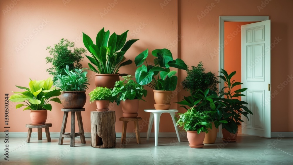 Fototapeta premium Stools alongside green plants positioned near a wall in a room.