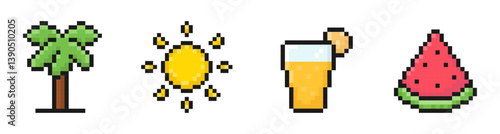 summer pixel set of icons, vintage, 8 bit, 80s, 90s games, computer arcade game items, palm tree, sun, juice glass, watermelon, vector illustration