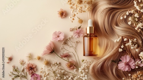 Wallpaper Mural Elegant hair care scene with golden hair oil and smooth hair gently applied to long Torontodigital.ca