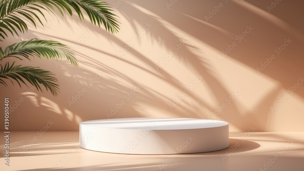 Beige canvas for product exhibition with the shadow of tropical palm fronds and illumination. Podium, stage pedestal for cosmetic merchandise. Empty round display. Mockup. Beige canvas for product exhibition with the shadow of tropical palm fronds and illumination. Podium, stage pedestal for cosmetic merchandise. Empty round display. Mockup.