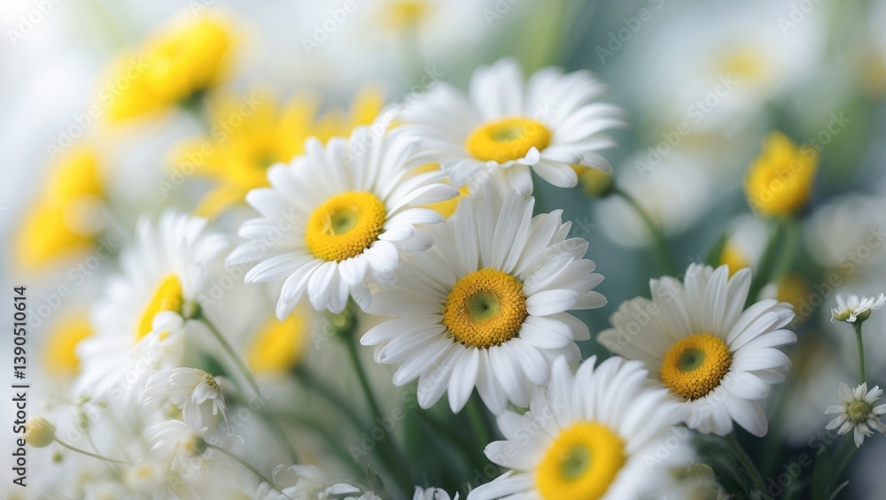 Obraz premium Daisy macro love with white vegetation in summer nature adventure. Wild trip scene featuring plants with yellow natural earth elements, showcasing fresh and perfect golden wilderness. Beautiful flo...