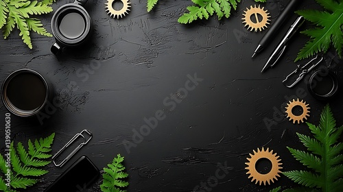 Wallpaper Mural Dark Flatlay Green Fern Camera Lenses Gear Minimalist Background Torontodigital.ca