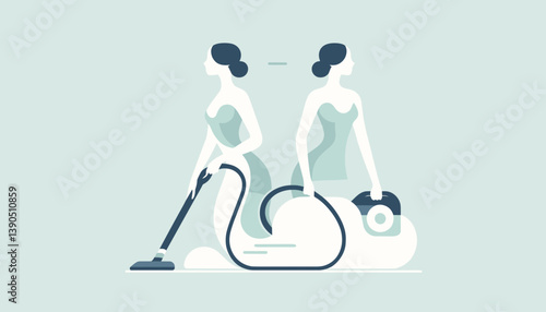 Cleaning Women Showcasing Household Chores in Minimalist Style  