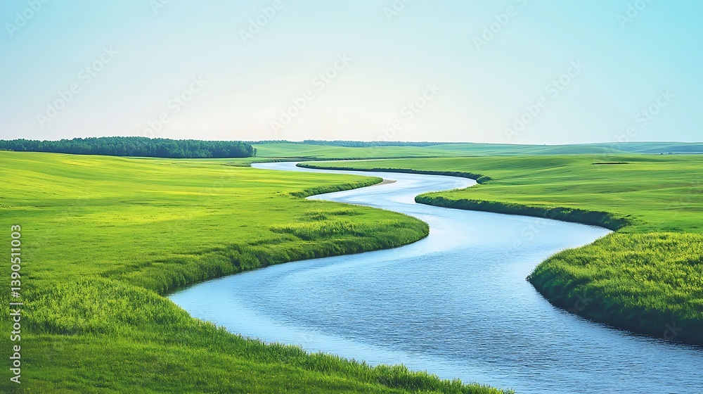 Serene river meandering through lush green fields under a clear sky. Serene river meandering through lush green fields under a clear sky.