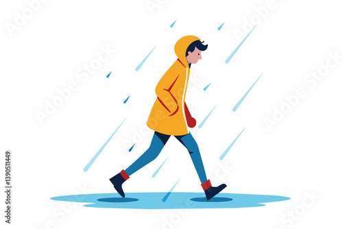 A person dressed in a yellow raincoat walks steadily through a puddle while raindrops fall around them, reflecting a typical rainy day.