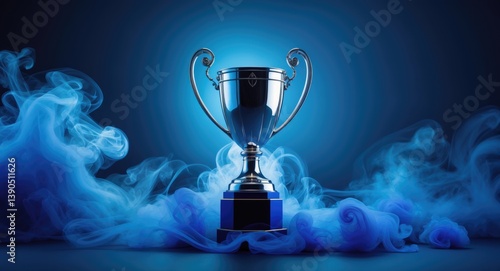 Trophy surrounded by smoke against a dark blue futuristic backdrop for winner concept.