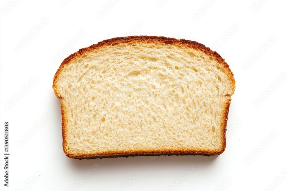 A single slice of white bread with a golden crust isolated on a white background in a studio shot A single slice of white bread with a golden crust isolated on a white background in a studio shot
