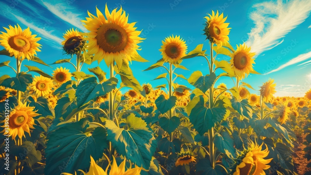 Obraz premium Field of sunflowers beneath a blue sky