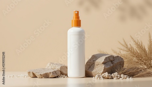 empty bottle isolated on beige background with stones