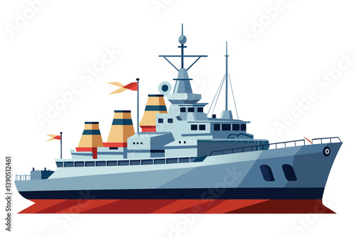A sleek naval vessel is navigating smooth waters under clear skies, equipped with distinctive features like radar, flags, and a sharp hull design.