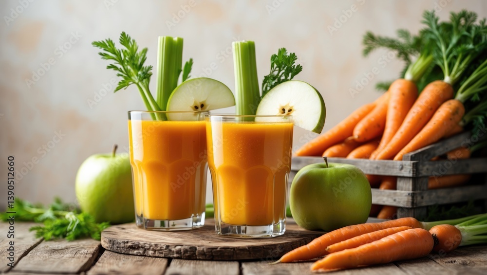 Two glasses of carrot juice, celery, and green apple placed on the table. Diet, healthy eating, food, and weight loss concept. Two glasses of carrot juice, celery, and green apple placed on the table. Diet, healthy eating, food, and weight loss concept.