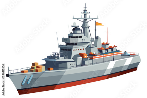 The naval ship is cruising on calm waters with cargo containers stacked on deck, reflecting its readiness for various maritime operations and missions.