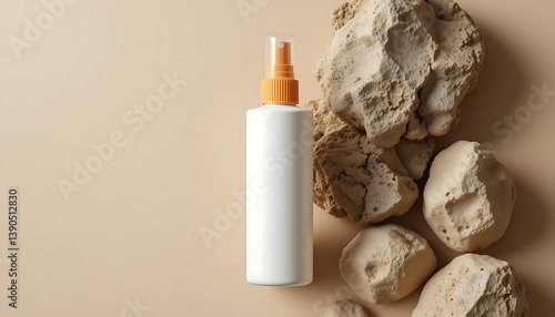 empty bottle isolated on beige background with stones