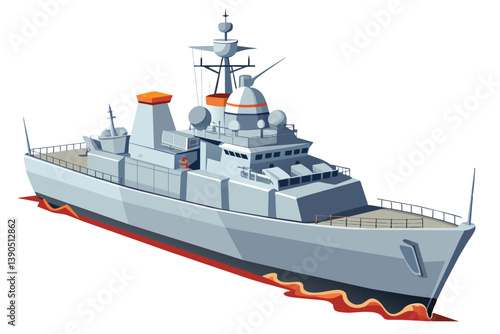 This illustration showcases a modern naval destroyer underway in serene waters, highlighting its advanced design and naval features under bright daylight.