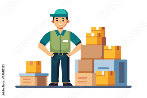 A cheerful delivery worker is posing beside neatly arranged boxes in a warehouse, showcasing a bustling environment filled with packages during daylight hours.