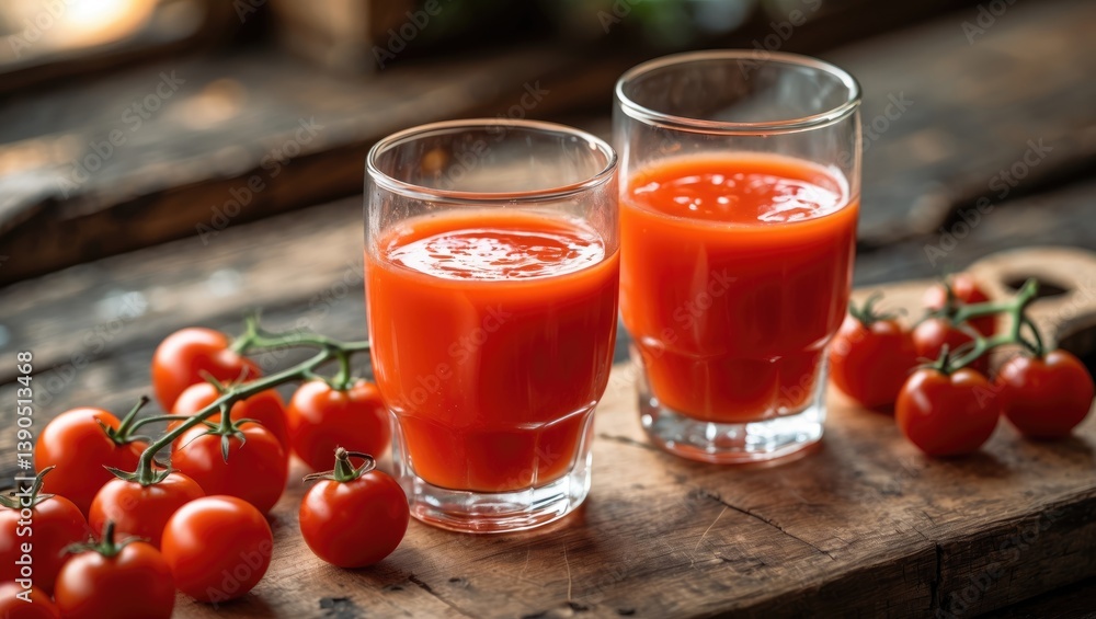 Two glasses of tomato juice placed on a wooden table, refreshing drink. Two glasses of tomato juice placed on a wooden table, refreshing drink.