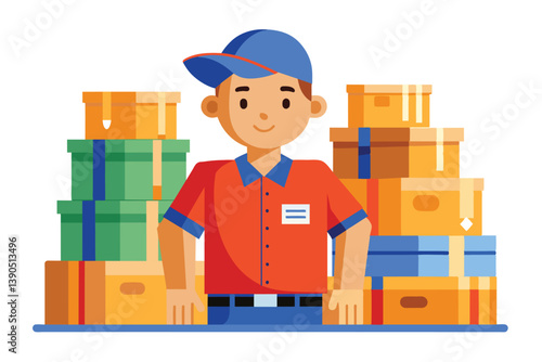 A delivery worker wearing a cap and uniform smiles while surrounded by various boxes stacked high in a warehouse, highlighting the busy logistics environment.