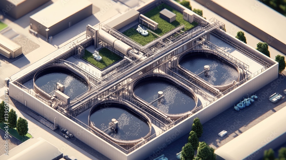 Obraz premium Industrial wastewater treatment facility with multiple sedimentation tanks.