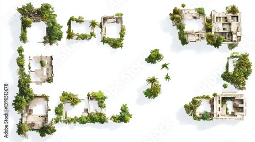 Aerial view showcasing abandoned structures overtaken by lush greenery, symbolizing nature's reclaiming power.