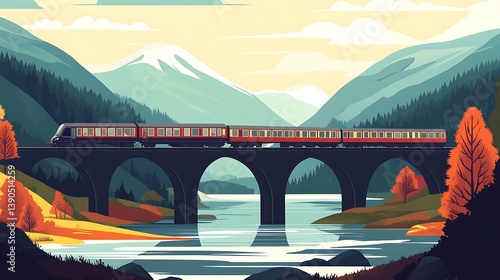 Train crossing a bridge over a river in autumnal mountain landscape.