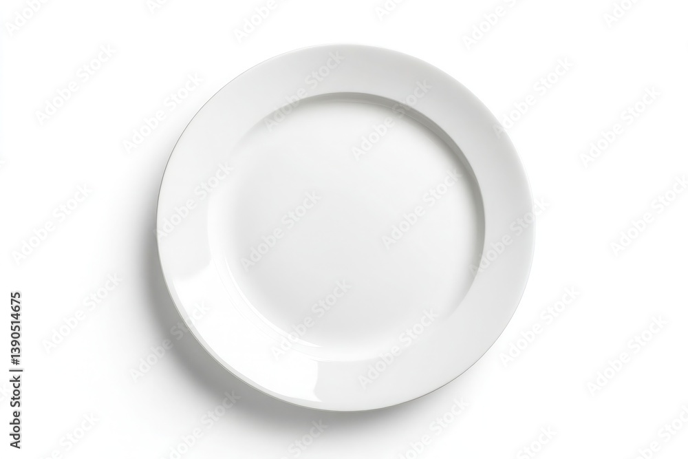 A simple white plate centered on a white background casting a soft shadow to the left side of plate A simple white plate centered on a white background casting a soft shadow to the left side of plate