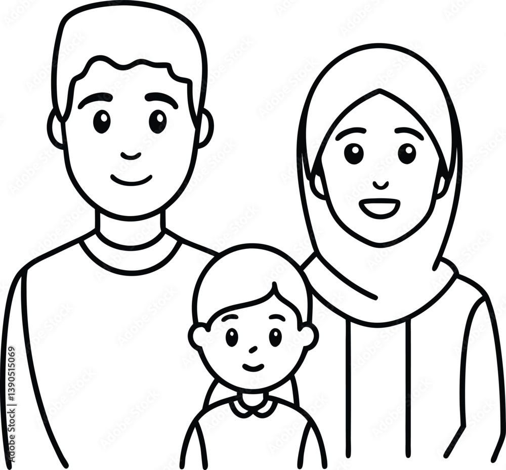 Illustration of a Happy Family Smiling Together in Line Art Style Illustration of a Happy Family Smiling Together in Line Art Style