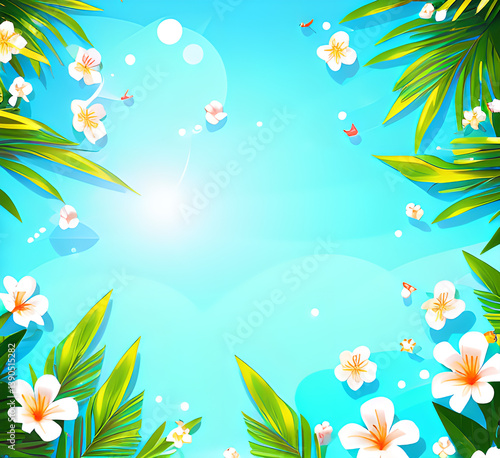 Assorted beach accessories including hats, starfish, shells, and tropical flowers laid on a white wooden background,generative ai
