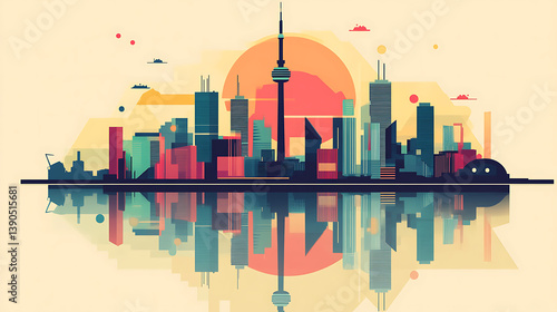 Toronto skyline sunset reflection, geometric art.