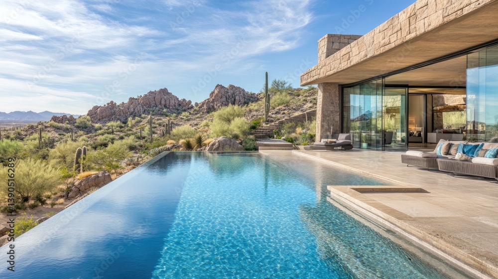 Fototapeta premium Modern luxury home with stunning desert view and infinity pool in serene landscape surrounded by rocky mountains