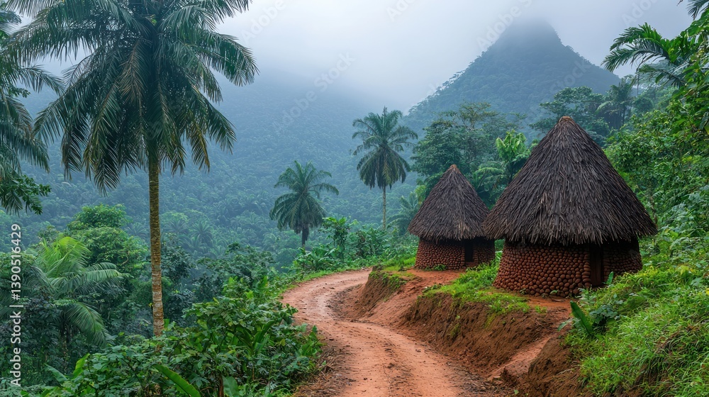 Misty valley, traditional huts Misty valley, traditional huts