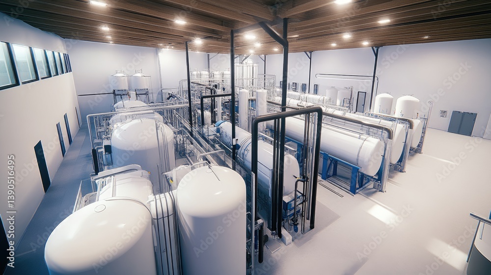 Obraz premium Large water processing facility with interconnected filtration systems.
