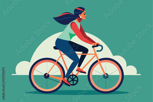 A young woman with flowing hair rides a bicycle joyfully, surrounded by a soft blue background featuring stylized clouds, capturing an energetic outdoor moment.