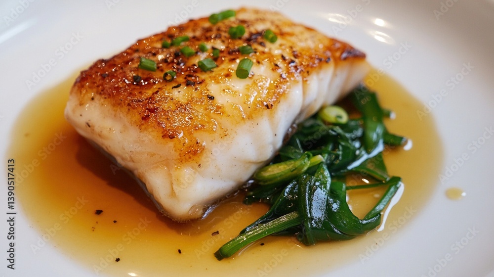 Pan-seared fish fillet in brown sauce with greens Pan-seared fish fillet in brown sauce with greens