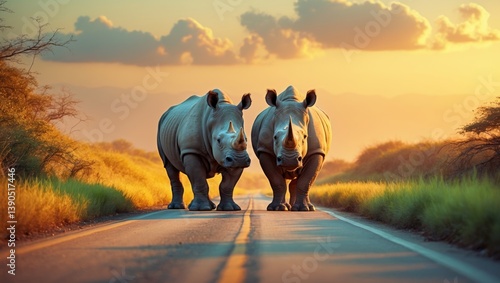 Two Rhinos crossing a road during sunset