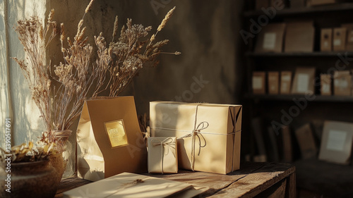 Obraz na płótnie Vintage kraft paper gift wrapping with dried flowers on rustic wooden table in natural warm lighting w salonie