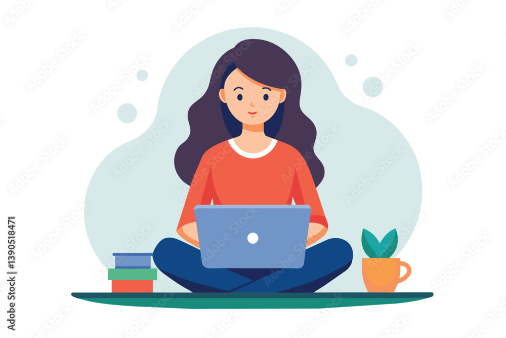 A young woman engages in focused work on her laptop while sitting cross-legged on the floor, with books and a plant nearby, creating a cozy, inviting atmosphere. A young woman engages in focused work on her laptop while sitting cross-legged on the floor, with books and a plant nearby, creating a cozy, inviting atmosphere.