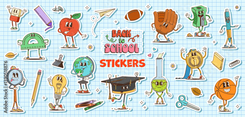 Groovy school education characters stickers pack, vector back to school stationeries and student supplies. Cartoon retro hippie pen, globe, ruler and graduation hat. Funny groovy flask, apple and ball