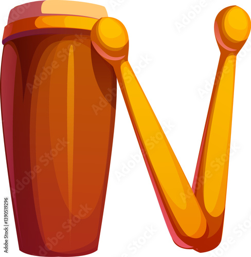 Cartoon musical font letter N as a bongo drum with two drumsticks, music instrument typeface, entertainment funny type, English alphabet. Isolated vector musician pervussion equipment, abc character